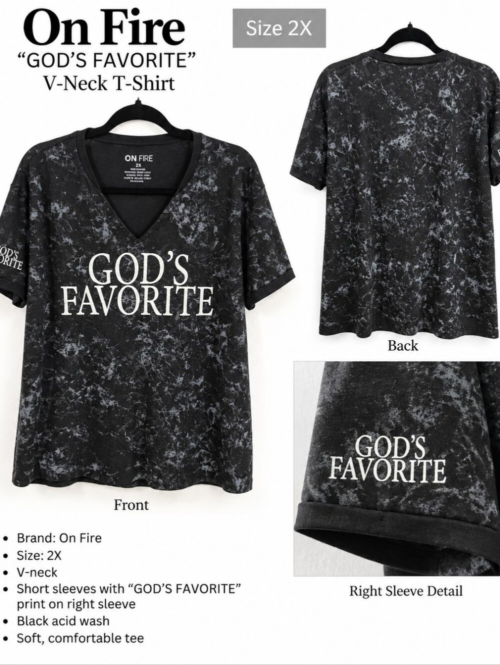 On Fire Black Marble-Print 'GOD'S FAVORITE' V-Neck Tee, NWT